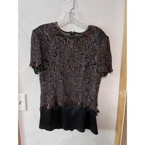 Laurence Kazar Beaded Sequin Silk Black Orange Paisley Blouse Top XL